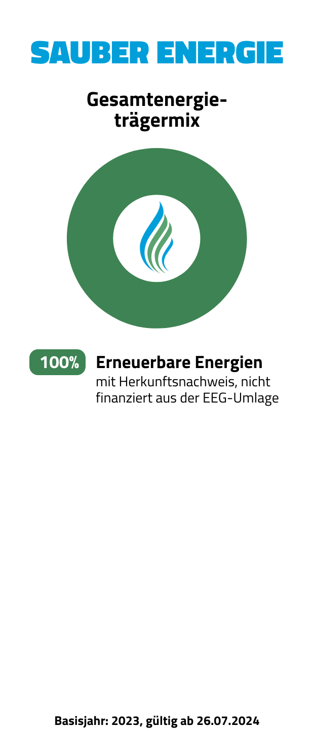 Diagramm zum Gesamtenergiemix der SAUBER ENERGIE: 100 % erneuerbare Energien mit Herkunftsnachweis, nicht finanziert aus der EEG-Umlage. Das Diagramm zeigt einen vollständig grünen Kreis, der den reinen Anteil erneuerbarer Energien darstellt.